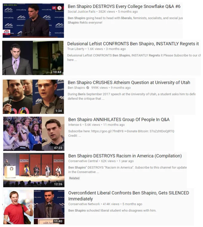 YouTube search results showing the ubiquity of clickbait 'Ben Shapiro DESTROYS' compilation videos.