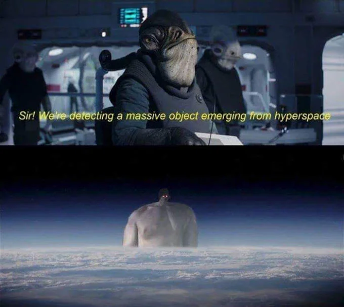 A popular 'Ben Swolo' image macro joking that the massive object emerging from hyperspace is a shirtless, buff Kylo Ren.