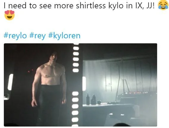 A viral fan tweet reacting to the leaked shirtless Kylo Ren still, which helped spread the 'Ben Swolo' meme across social media.
