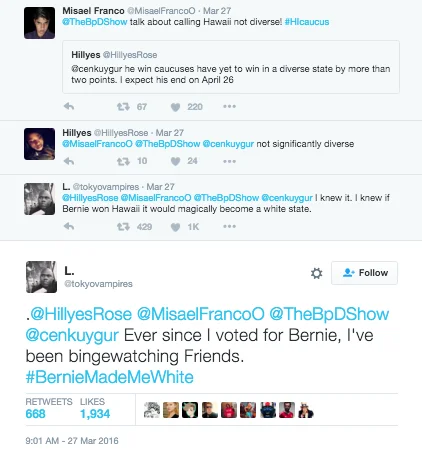The original viral tweet that sparked the #BernieMadeMeWhite hashtag.