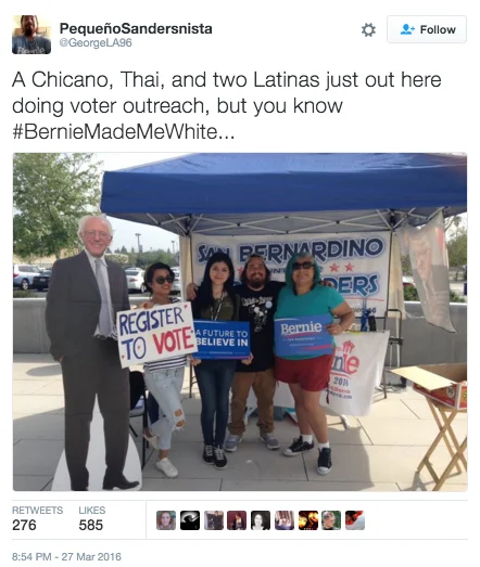 Diverse volunteer team at a Sanders voter registration event.