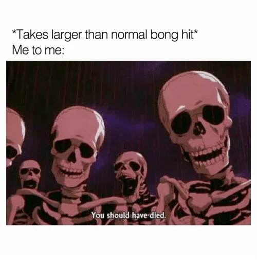 A widely circulated meme variant using the Berserk Skeletons scene to depict self-directed regret after taking an oversized bong hit.