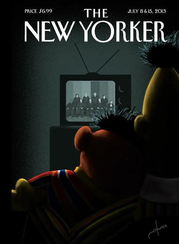 The New Yorker's 'Moment of Joy' cover from July 2013 celebrated the Supreme Court's DOMA ruling by portraying Bert and Ernie as a couple, reigniting debate over the pair's relationship.