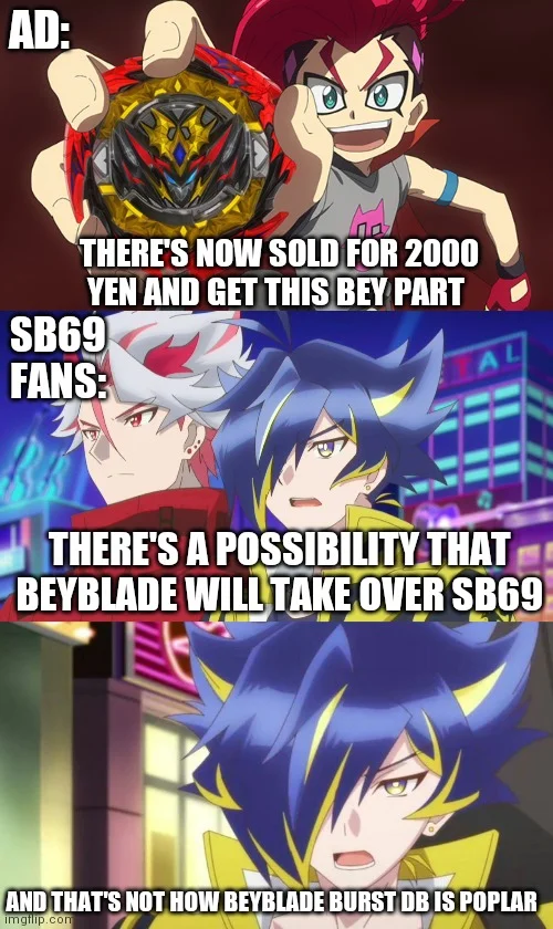 Beyblade characters react to franchise pricing and market strategy.
