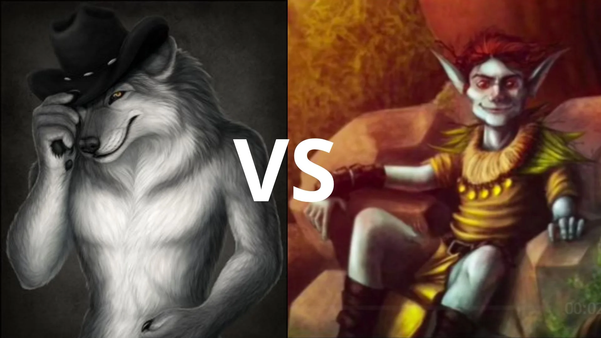 The cover image for the 'Loup Malicieux vs. Farfadet Astucieux' meme, pitting the smirking wolf against the mischievous farfadet in a viral French-language versus format.