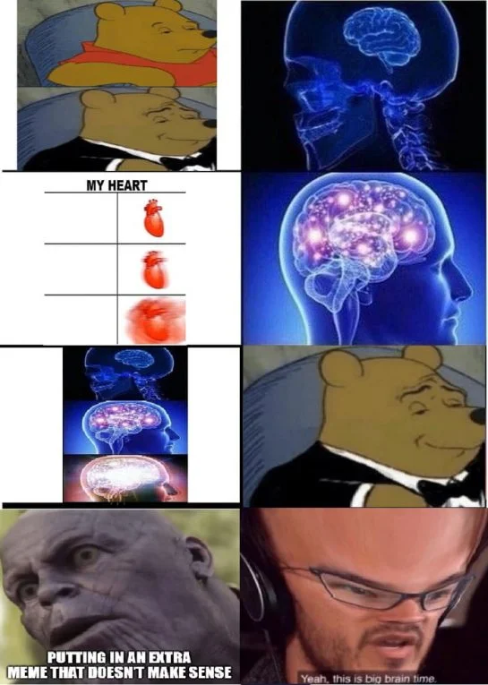 Collage meme combining expanding brain template with reaction images about emotional and meme logic.