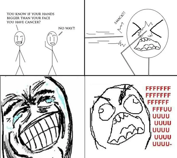 A classic rage comic using the Big Grin face to prank a friend into the hand-face-cancer trick.