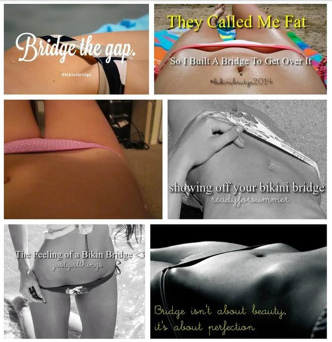 A collage of pro-bikini-bridge slogan images circulated during the 2014 trend, blending body imagery with motivational-style captions.