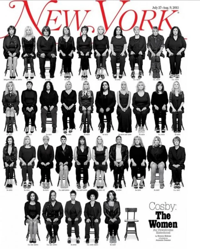 The landmark July 2015 New York Magazine cover 'Cosby: The Women,' which featured 35 of Cosby's accusers alongside one empty chair for those who had not yet come forward.