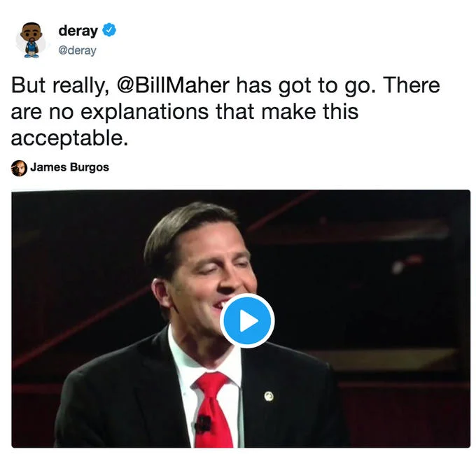 Activist DeRay Mckesson tweeted that Bill Maher had to go following the on-air slur incident.