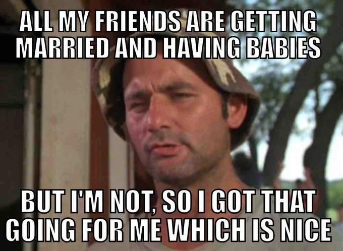 A relatable-humor version of the Bill Murray 'So I Got That Goin' For Me' meme about being single while friends settle down.