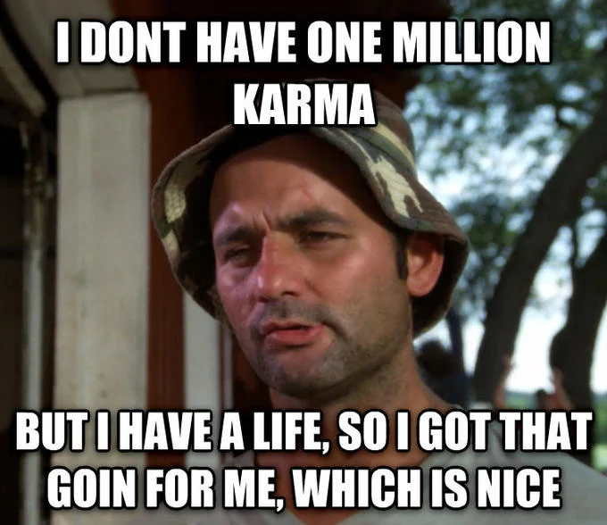 A Reddit-flavored variation of the 'So I Got That Goin' For Me' Bill Murray meme, joking about not chasing internet karma.