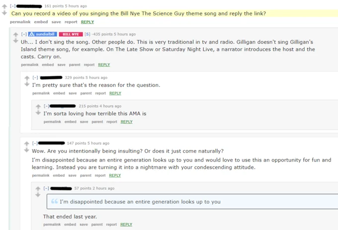 Reddit users react negatively to Bill Nye's answers during his poorly-received Ask Me Anything session.