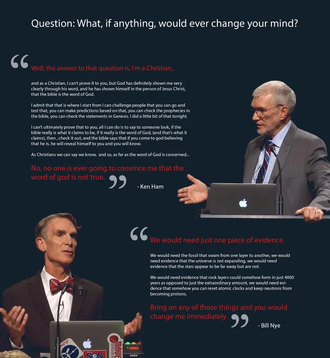 A side-by-side comparison of Ken Ham's and Bill Nye's answers on evidence during their 2014 creation debate.