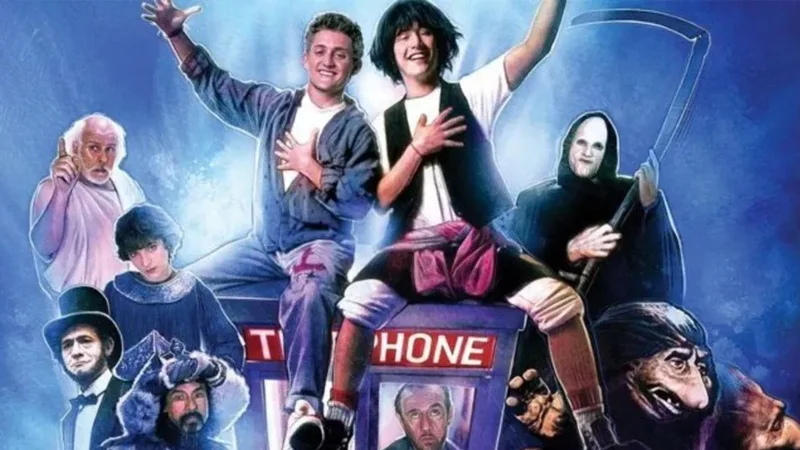 Promotional poster for the Bill & Ted film franchise, showing the duo atop their time-traveling phone booth with historical figures and Death.