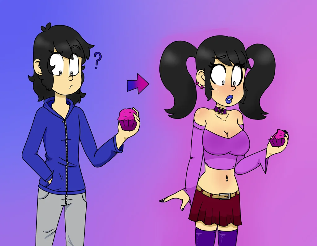 A digital art example of the bimbofication transformation trope, showing a character before and after the stereotypical change.