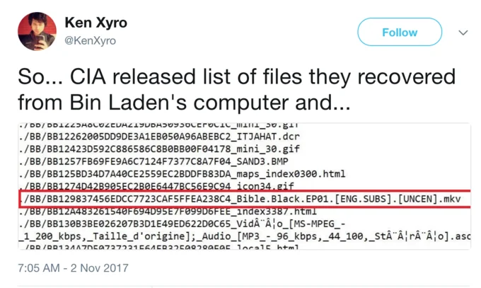 A widely shared tweet by Ken Xyro highlighting the list of files the CIA recovered from Osama bin Laden's computer, which sparked the meme.