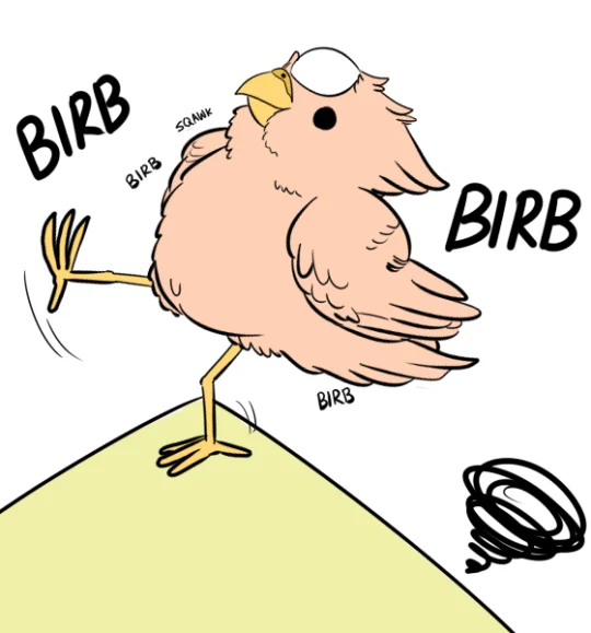 A humorous 'birb' illustration featuring an exasperated chubby bird squawking on a hilltop.