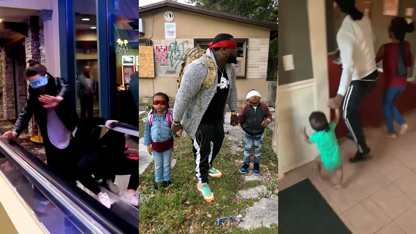 A collage of viral clips showing participants attempting the Bird Box Challenge blindfolded.