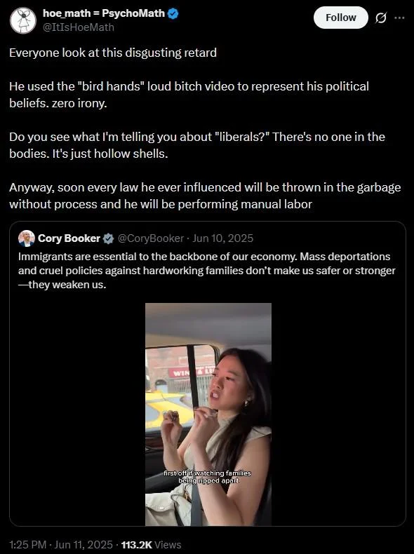 A viral tweet criticizing the 'bird hands' gesture used in a political video shared by Senator Cory Booker in June 2025.