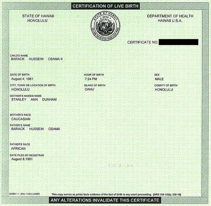 The short-form Certification of Live Birth released by the Obama campaign in 2008, which Birthers claimed was fraudulent.