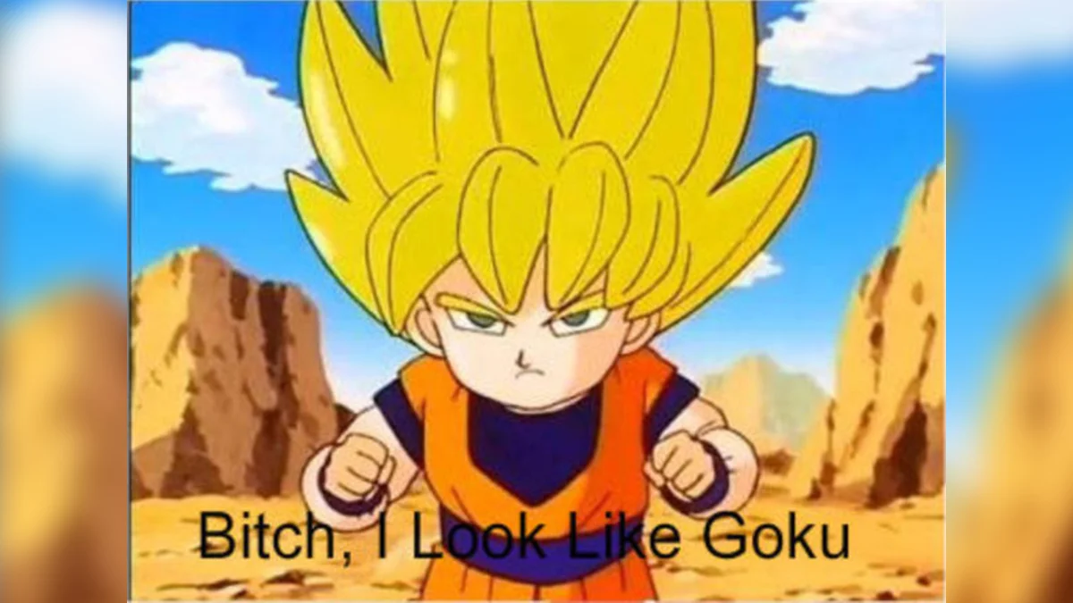 The cover image for the 'Bitch, I Look Like Goku' meme, featuring Super Saiyan kid Goku in his signature scowling pose.