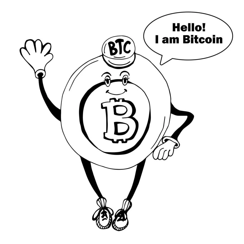 Anthropomorphized Bitcoin logo character greeting animation.
