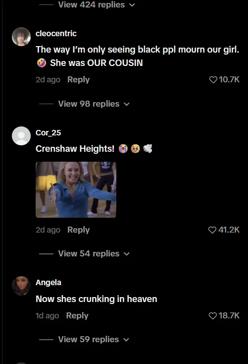 TikTok comments show Black viewers mourning Hayden Panettiere, with nostalgic references to her roles in 'Remember the Titans' and 'Bring It On'.