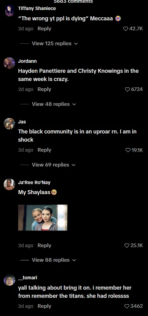TikTok comments illustrating the wave of grief from Black users, with one comparing the news to the death of Naya Rivera.