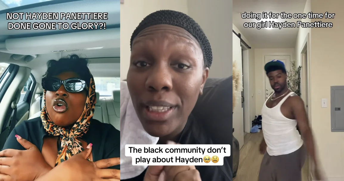 A viral three-panel collage showing Black TikTok creators reacting to the news of Hayden Panettiere's death, exemplifying the outpouring of mourning that became the meme.