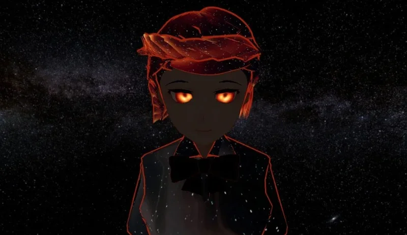 An early anime-style personification of the M87 black hole, depicting Black Hole-chan with glowing orange eyes and cosmic imagery.