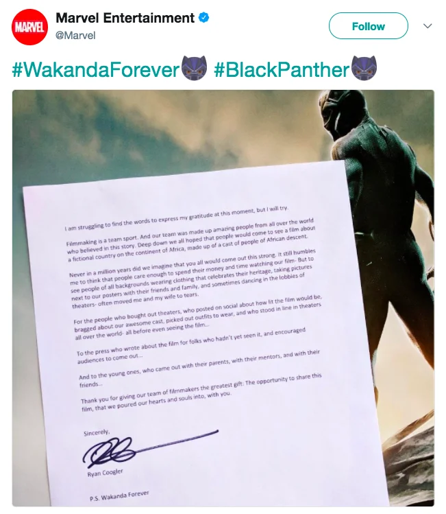 Marvel Entertainment shares director Ryan Coogler's thank-you letter to fans following Black Panther's release.