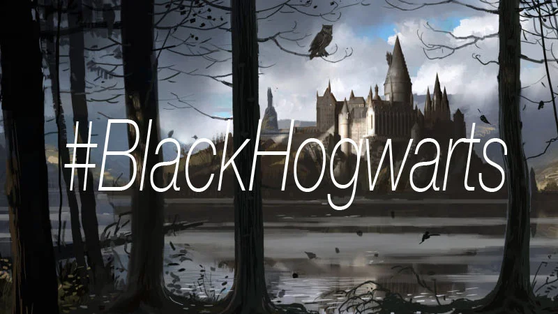 The #BlackHogwarts hashtag banner featuring a moody view of Hogwarts castle.