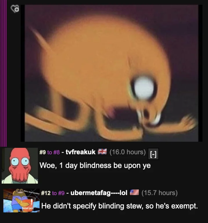 Internet comments featuring blinding stew meme references.