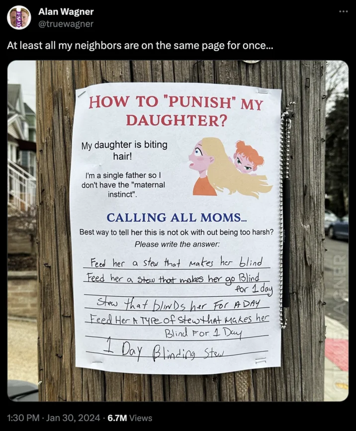 Twitter discussion featuring blinding stew as absurdist humor.