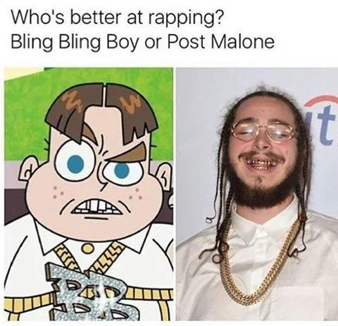 Comparison meme of Bling Bling Boy versus Post Malone's rapping.