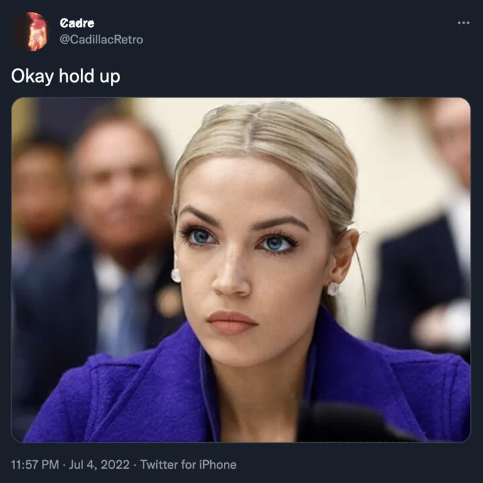 The July 4, 2022 tweet from @CadillacRetro that is widely credited with popularizing the Blonde AOC image on Twitter.
