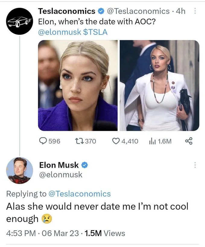 A viral March 2023 tweet exchange between @Teslaconomics and Elon Musk referencing the Blonde AOC edits.