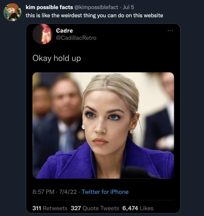 A viral reaction quote tweet from @kimpossiblefact mocking the Blonde AOC post, helping amplify the meme's reach.