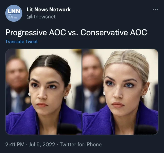 A side-by-side 'Progressive AOC vs. Conservative AOC' comparison tweet that became a popular meme format using the Blonde AOC image.