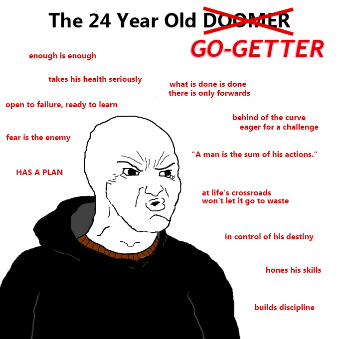 A related variant showing the 'Go-Getter,' a former Doomer who has adopted a Bloomer-adjacent mindset of discipline and self-mastery.