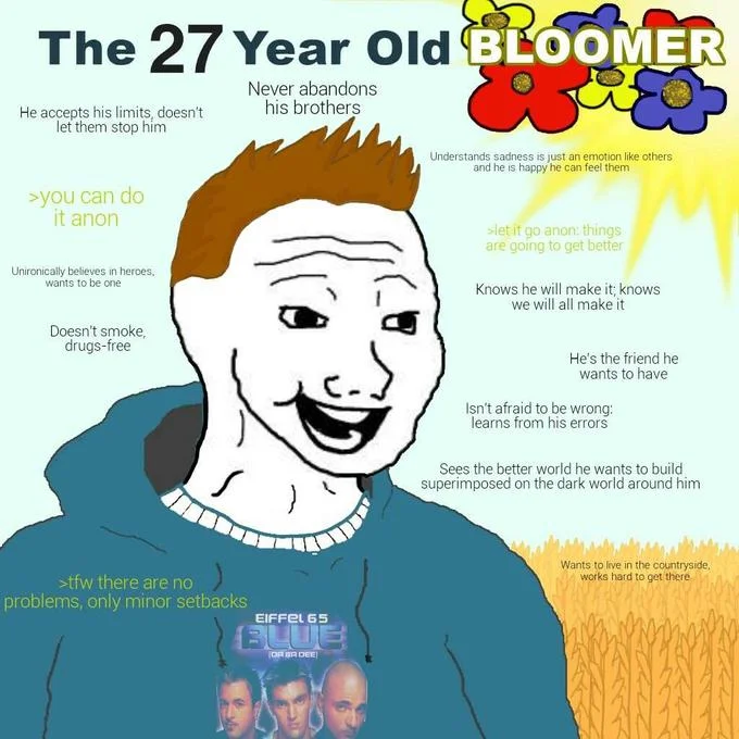 A popular Bloomer variant incorporating references to Eiffel 65's 'Blue' and self-improvement mantras such as 'tfw there are no problems, only minor setbacks.'