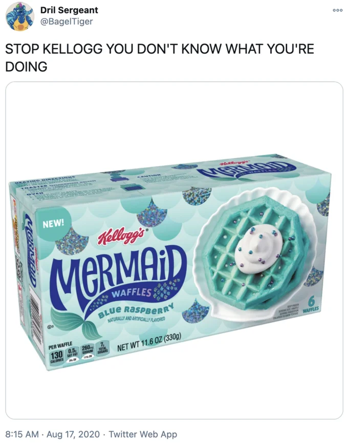 A viral tweet reacting to Kellogg's blue Mermaid Waffles by referencing the blue waffle meme.