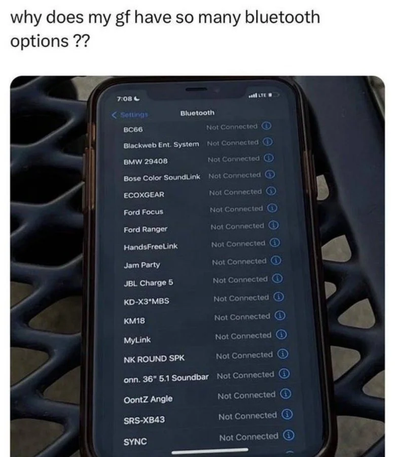 Overwhelming list of unconnected Bluetooth devices.
