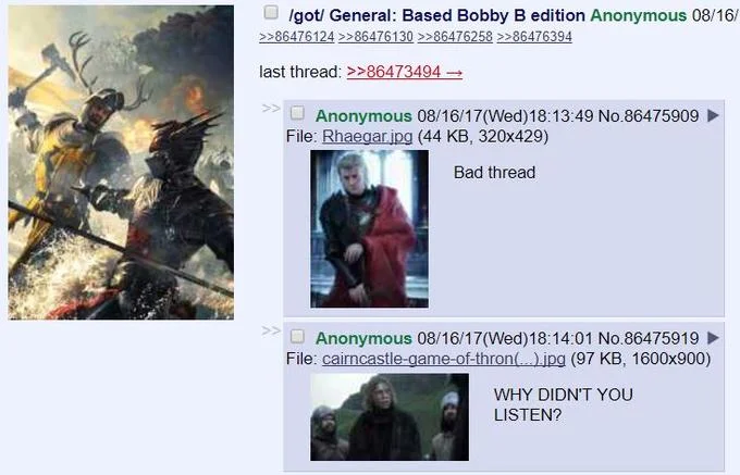 A /got/ 'Based Bobby B edition' general thread on 4chan, one of the recurring homes of the boarposting community.