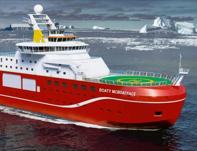 Artist's rendering of the NERC research vessel with its crowdsourced name 'Boaty McBoatface' in Antarctic waters.