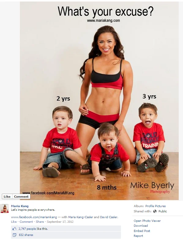 Fitness mom Maria Kang's 'What's Your Excuse?' photo, widely accused of body-shaming other mothers and sparking public debate.