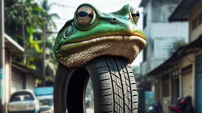 Boneca Ambalabu frog-tire hybrid character from Indonesian brainrot.