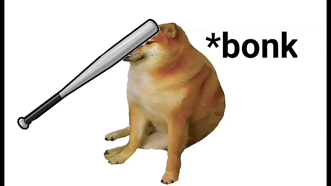 Cheems gets bonked by baseball bat.