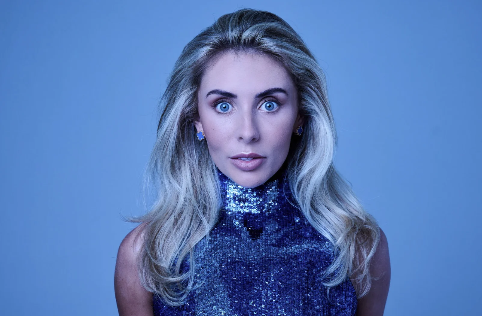 The signature wide-eyed, blue-tinted portrait of Bonnie Blue that became the basis for the 'staring Bonnie Blue eyes' meme.
